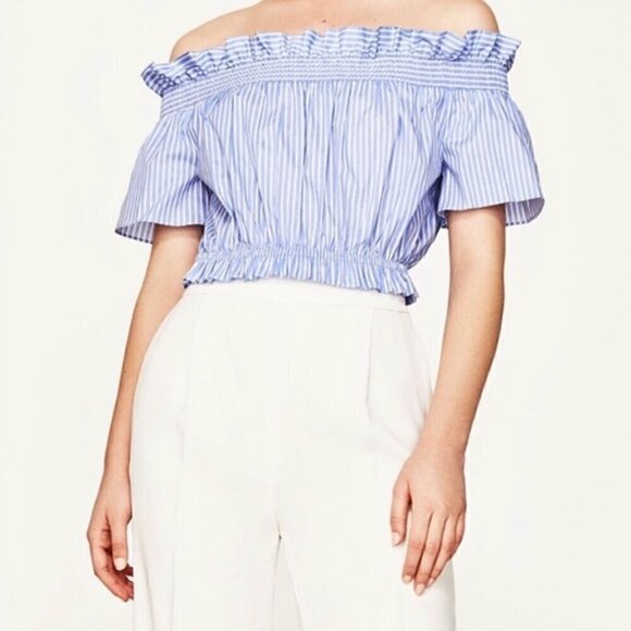 Zara Crop Top XS Off Shoulder Striped Ruffle Back Tie Summer Blue White Cinched - Picture 2 of 10